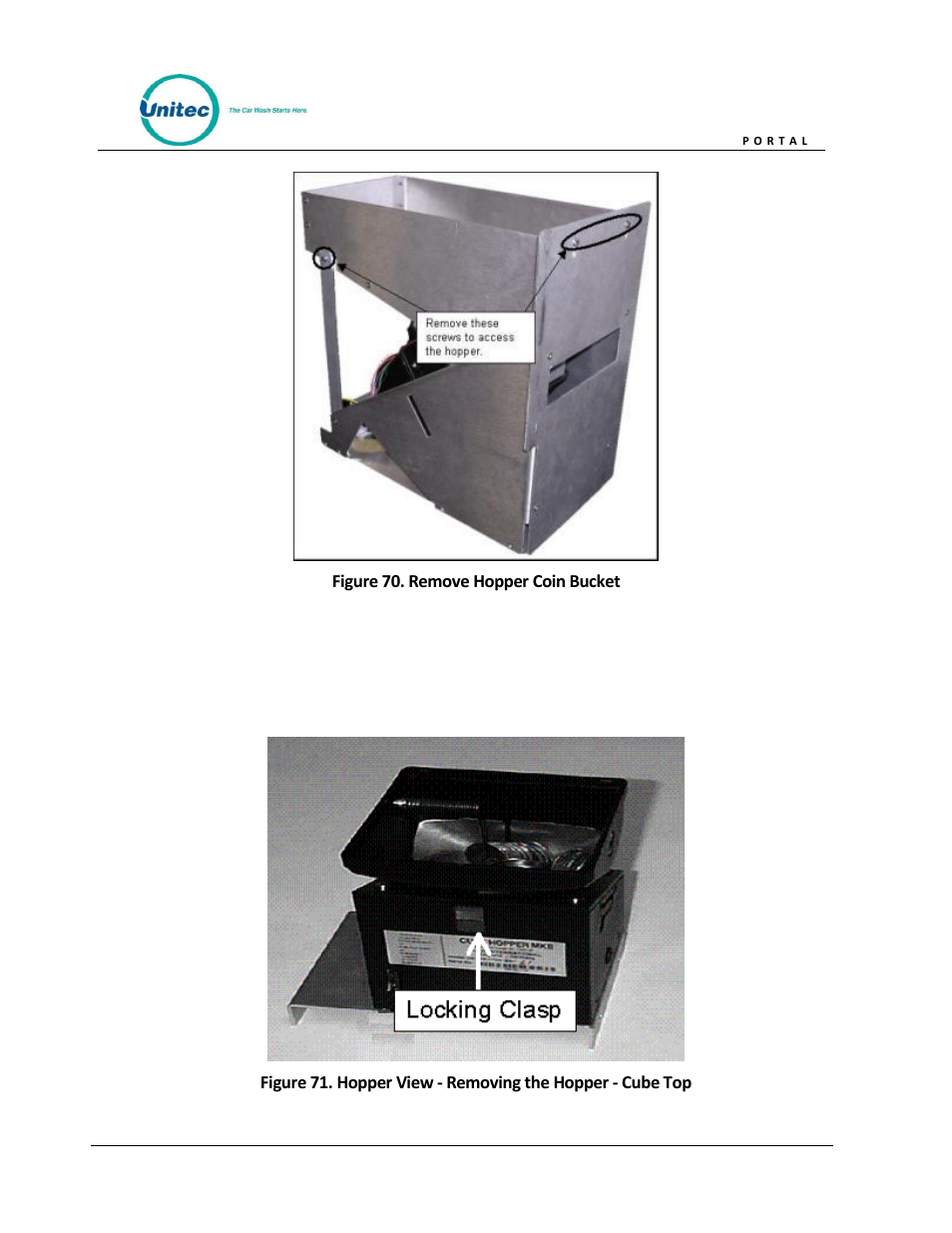 Figure 70. remove hopper coin bucket | Unitec Portal Owner’s Manual User Manual | Page 94 / 105