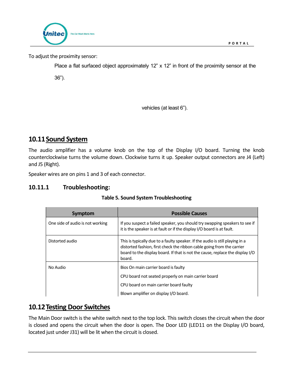 Sound system, Troubleshooting, Testing door switches | 11 sound system, 12 testing door switches, 1 troubleshooting | Unitec Portal Owner’s Manual User Manual | Page 98 / 105