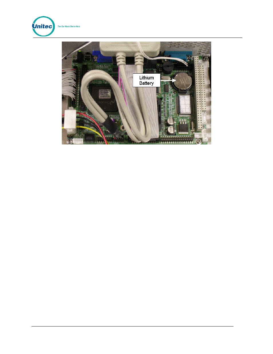 Figure 12. lithium battery location, Remove and properly dispose of the old battery, Insert the replacement battery | Unitec Portal Console User Manual | Page 19 / 19