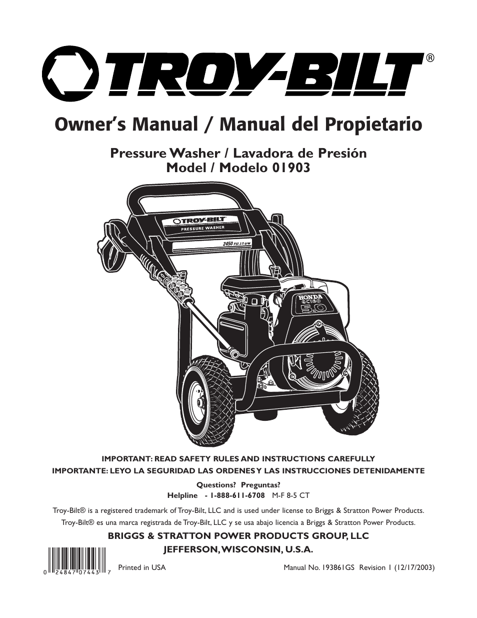 Briggs & Stratton TROY-BILT 1903 User Manual | 36 pages