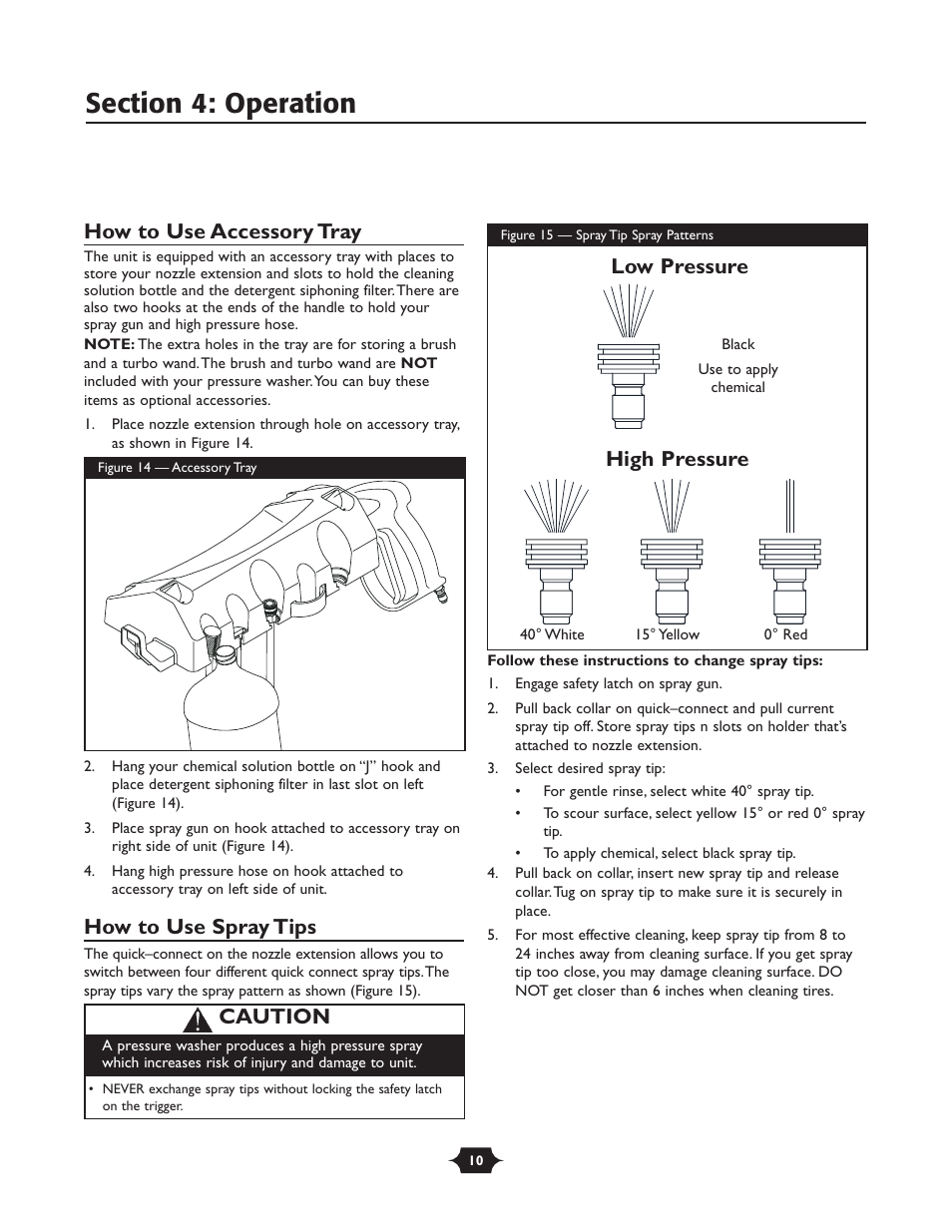 How to use accessory tray, How to use spray tips, Low pressure high pressure | Caution | Briggs & Stratton TROY-BILT 1903 User Manual | Page 10 / 36