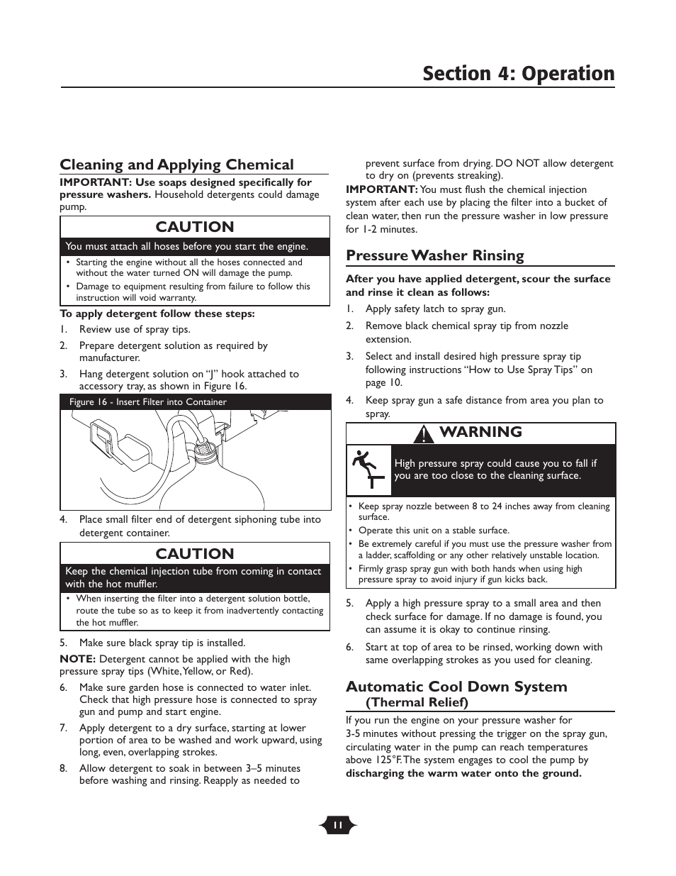 Cleaning and applying chemical, Pressure washer rinsing, Automatic cool down system | Caution, Warning | Briggs & Stratton TROY-BILT 1903 User Manual | Page 11 / 36