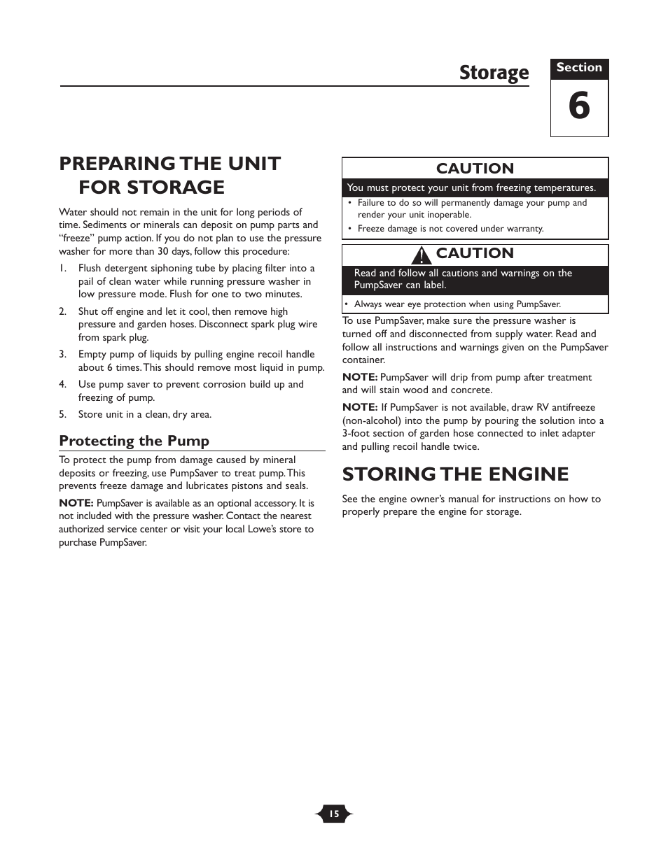 Preparing the unit for storage, Storing the engine, Storage | Briggs & Stratton TROY-BILT 1903 User Manual | Page 15 / 36