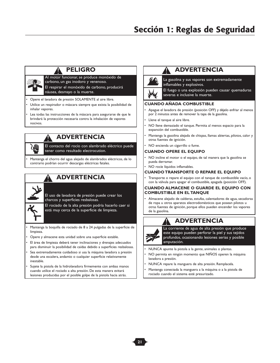 Sección 1: reglas de seguridad, Advertencia, Peligro | Briggs & Stratton TROY-BILT 1903 User Manual | Page 21 / 36