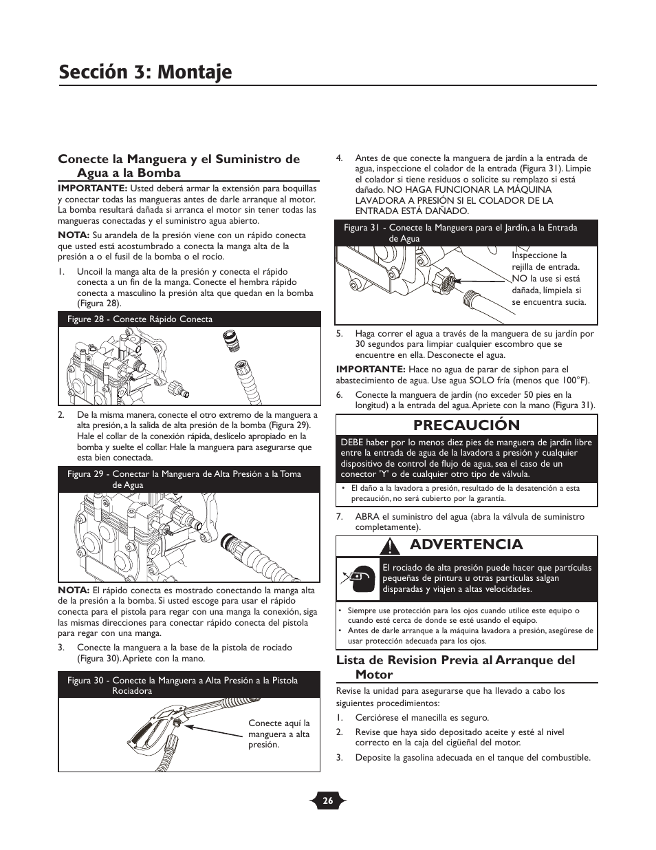 Sección 3: montaje, Advertencia, Precaución | Briggs & Stratton TROY-BILT 1903 User Manual | Page 26 / 36