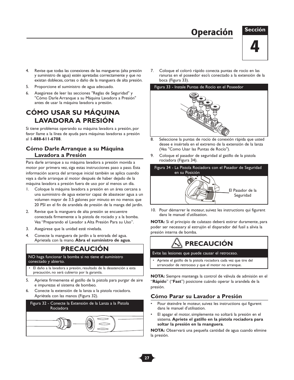 Operación, Cómo usar su máquina lavadora a presión, Precaución | Briggs & Stratton TROY-BILT 1903 User Manual | Page 27 / 36