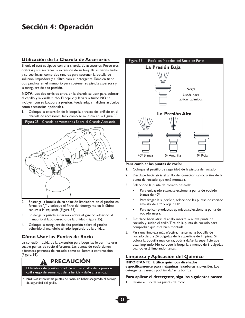 Sección 4: operación, Precaución | Briggs & Stratton TROY-BILT 1903 User Manual | Page 28 / 36