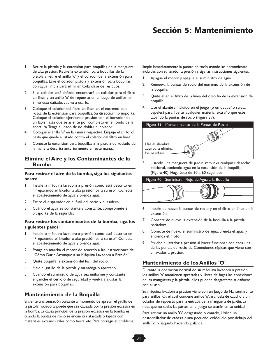 Sección 5: mantenimiento, Elimine el aire y los contaminantes de la bomba, Mantenimiento de la boquilla | Mantenimiento de los anillos 'o | Briggs & Stratton TROY-BILT 1903 User Manual | Page 31 / 36