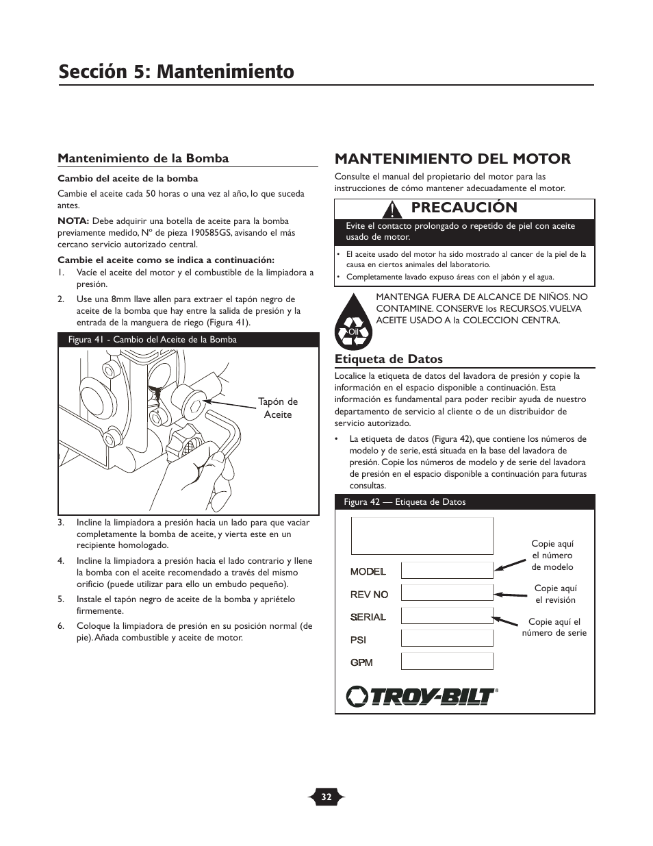 Sección 5: mantenimiento, Mantenimiento del motor, Precaución | Briggs & Stratton TROY-BILT 1903 User Manual | Page 32 / 36