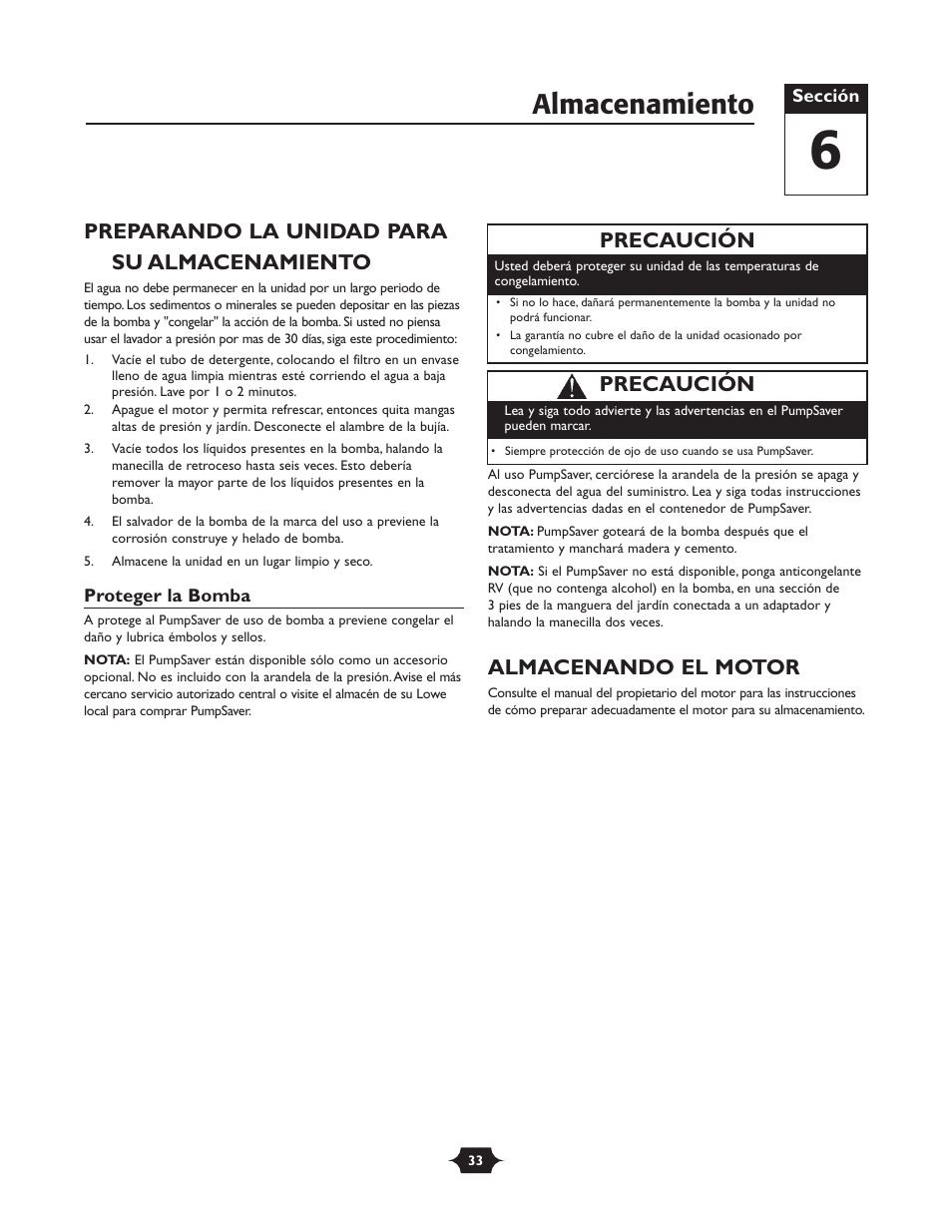 Almacenamiento, Preparando la unidad para su almacenamiento, Almacenando el motor | Precaución | Briggs & Stratton TROY-BILT 1903 User Manual | Page 33 / 36