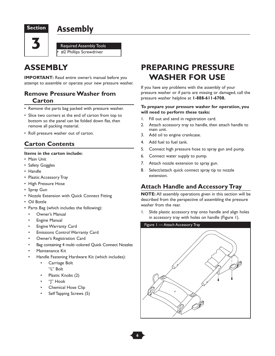 Assembly, Preparing pressure washer for use, Remove pressure washer from carton | Carton contents, Attach handle and accessory tray | Briggs & Stratton TROY-BILT 1903 User Manual | Page 6 / 36