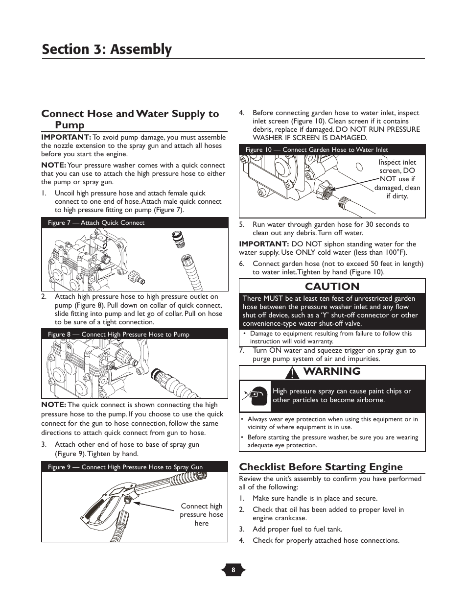 Connect hose and water supply to pump, Checklist before starting engine, Caution | Warning | Briggs & Stratton TROY-BILT 1903 User Manual | Page 8 / 36