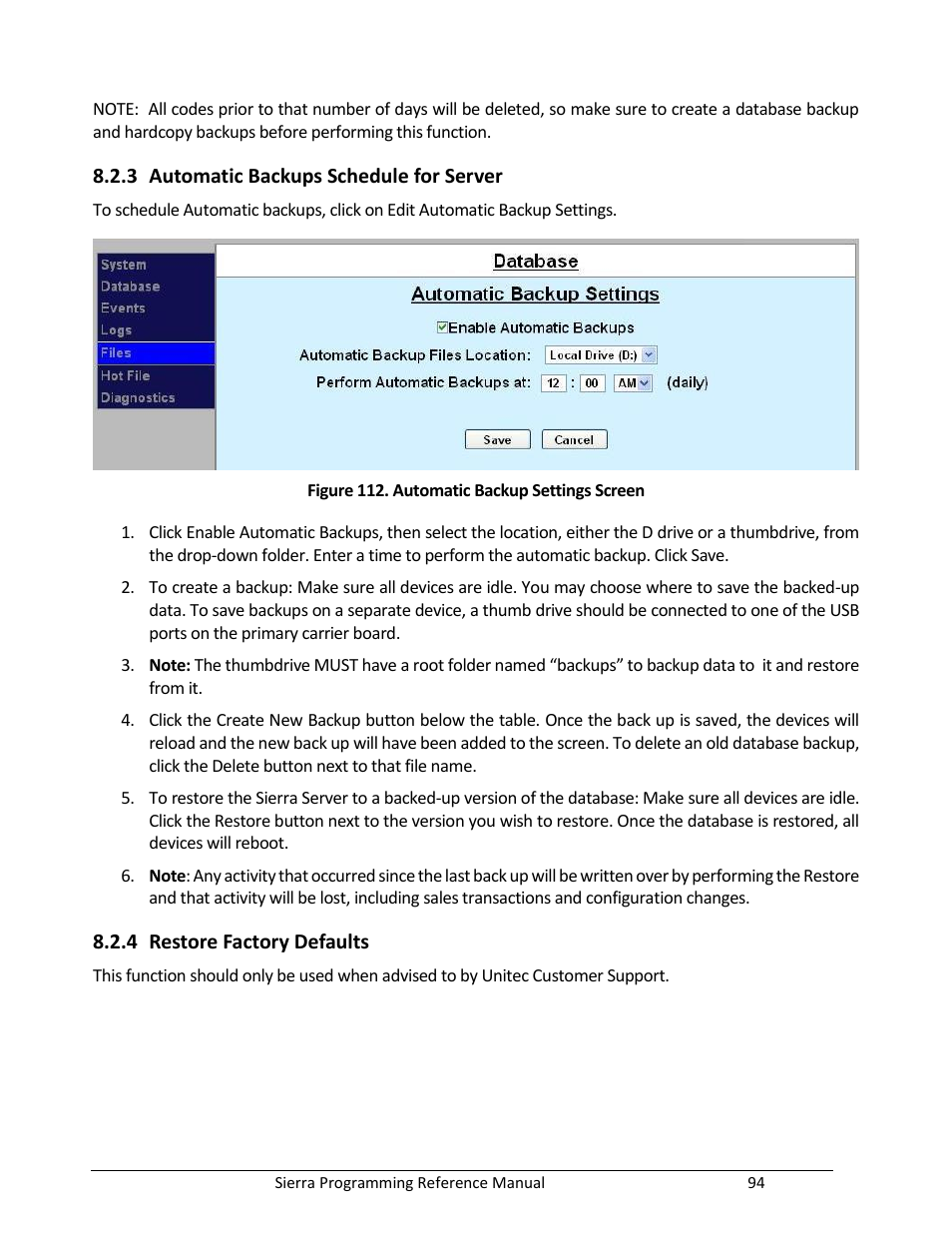 Automatic backups schedule for server, Restore factory defaults, Figure 112. automatic backup settings screen | Unitec Sierra Management System User Manual | Page 104 / 112