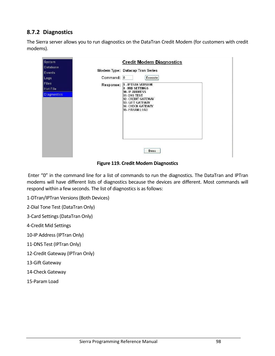 Diagnostics, Figure 119. credit modem diagnostics | Unitec Sierra Management System User Manual | Page 108 / 112