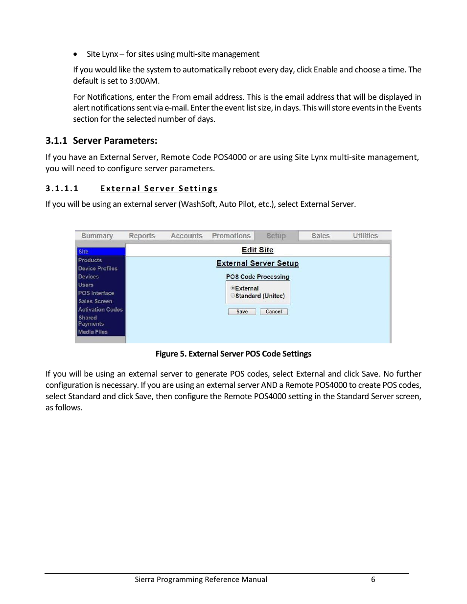 Server parameters, Figure 5. external server pos code settings | Unitec Sierra Management System User Manual | Page 16 / 112