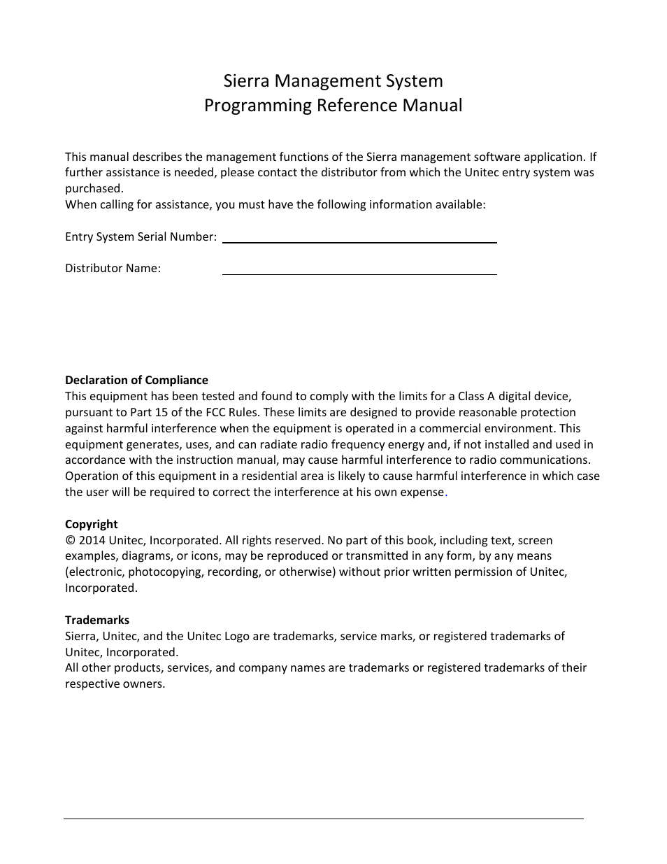 Unitec Sierra Management System User Manual | Page 2 / 112