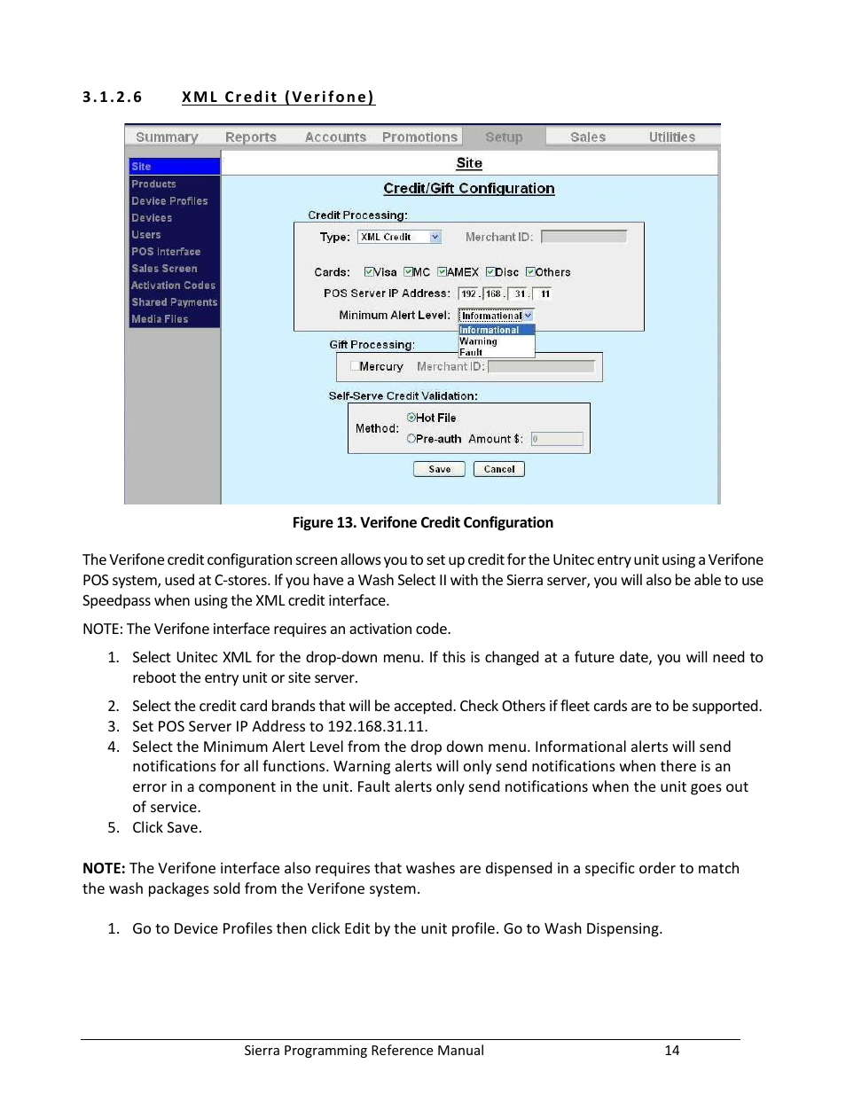 Figure 13. verifone credit configuration | Unitec Sierra Management System User Manual | Page 24 / 112