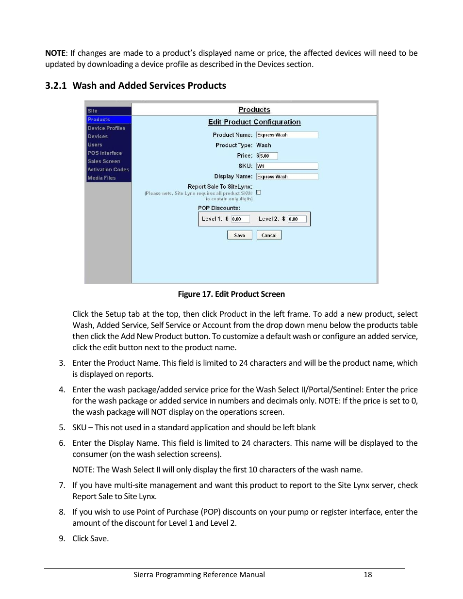 Wash and added services products, Figure 17. edit product screen | Unitec Sierra Management System User Manual | Page 28 / 112