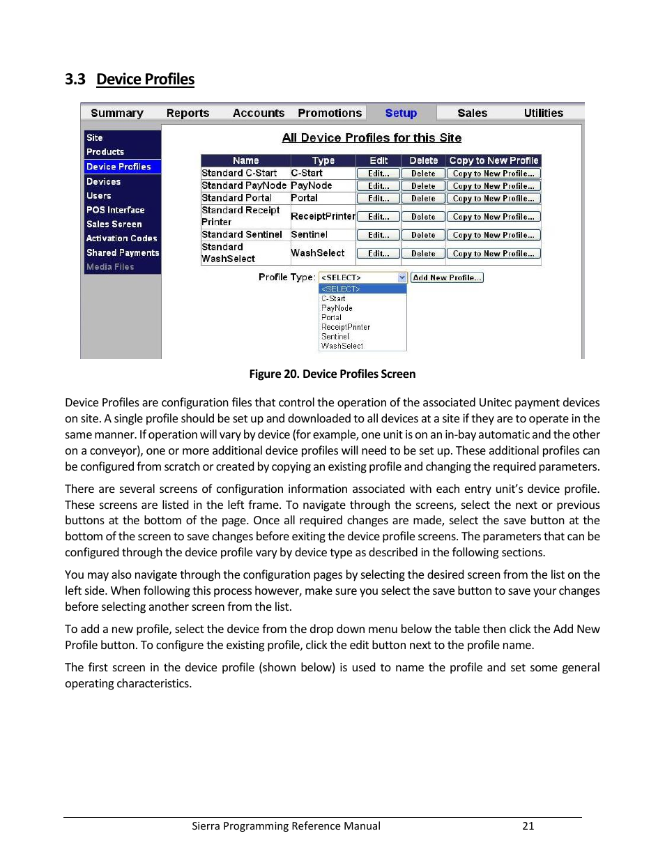 Device profiles, Figure 20. device profiles screen, 3 device profiles | Unitec Sierra Management System User Manual | Page 31 / 112