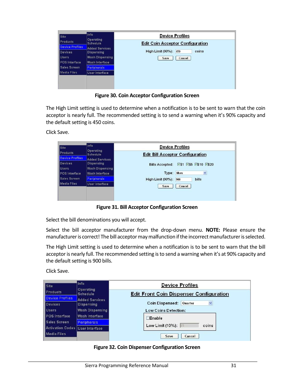 Figure 30. coin acceptor configuration screen, Figure 31. bill acceptor configuration screen, Figure 32. coin dispenser configuration screen | Unitec Sierra Management System User Manual | Page 41 / 112