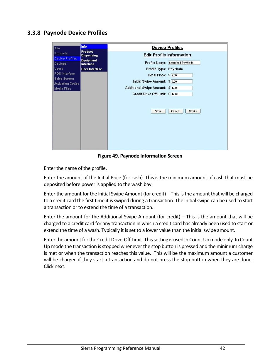 Paynode device profiles, Figure 49. paynode information screen, 8 paynode device profiles | Unitec Sierra Management System User Manual | Page 52 / 112