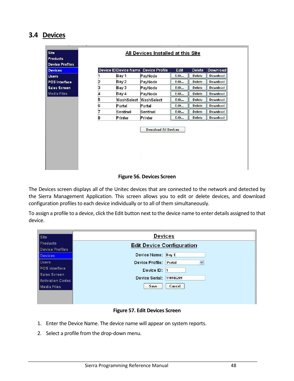 Devices, Figure 56. devices screen, Figure 57. edit devices screen | 4 devices | Unitec Sierra Management System User Manual | Page 58 / 112