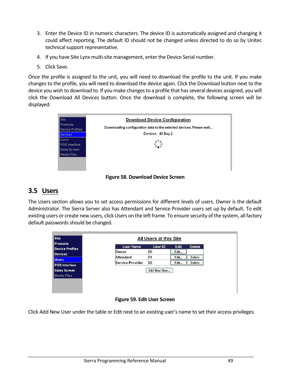 Users, Figure 58. download device screen, Figure 59. edit user screen | 5 users | Unitec Sierra Management System User Manual | Page 59 / 112