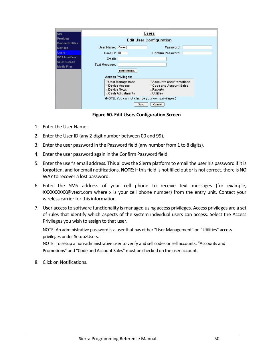 Figure 60. edit users configuration screen | Unitec Sierra Management System User Manual | Page 60 / 112