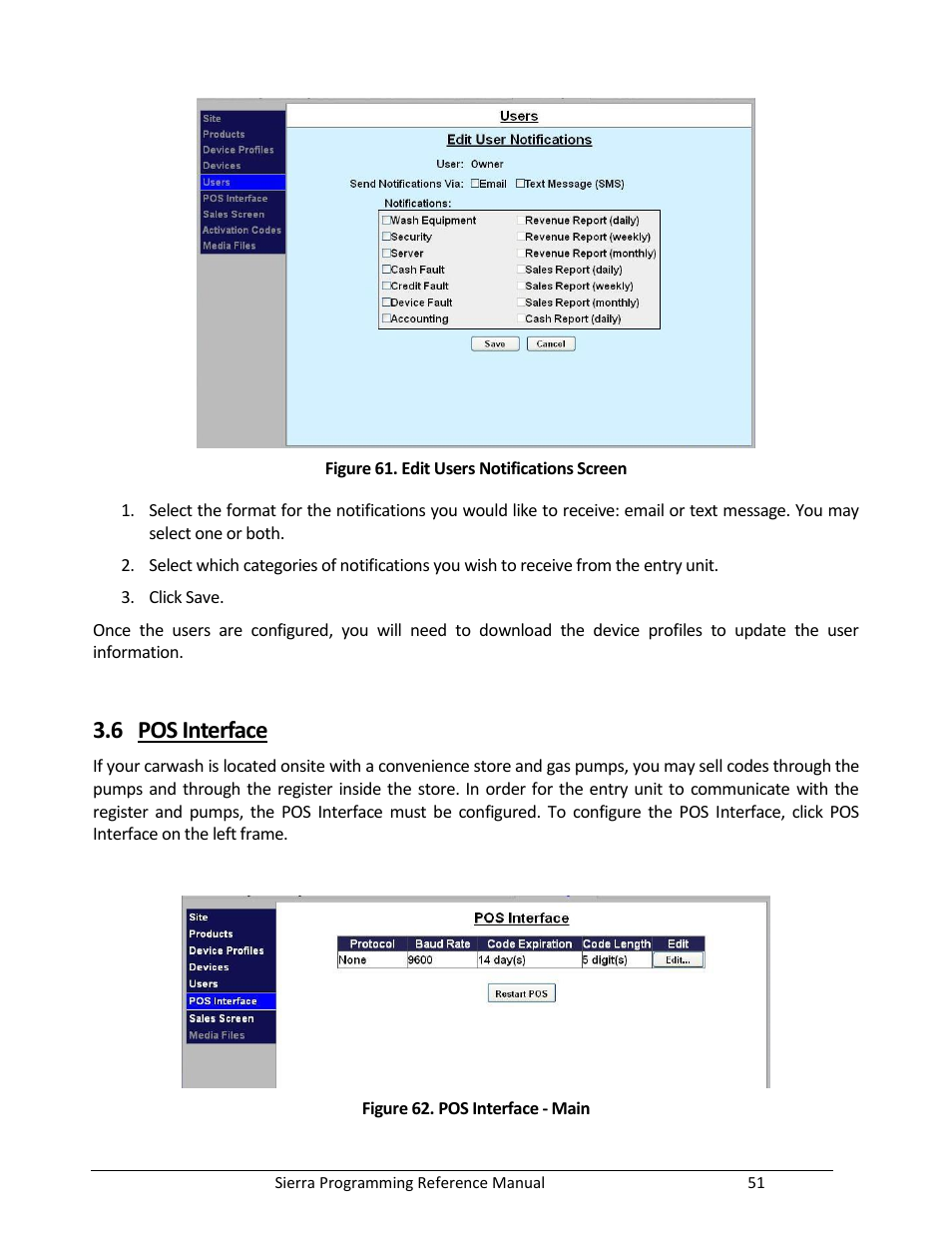 Pos interface, Figure 61. edit users notifications screen, Figure 62. pos interface - main | 6 pos interface | Unitec Sierra Management System User Manual | Page 61 / 112