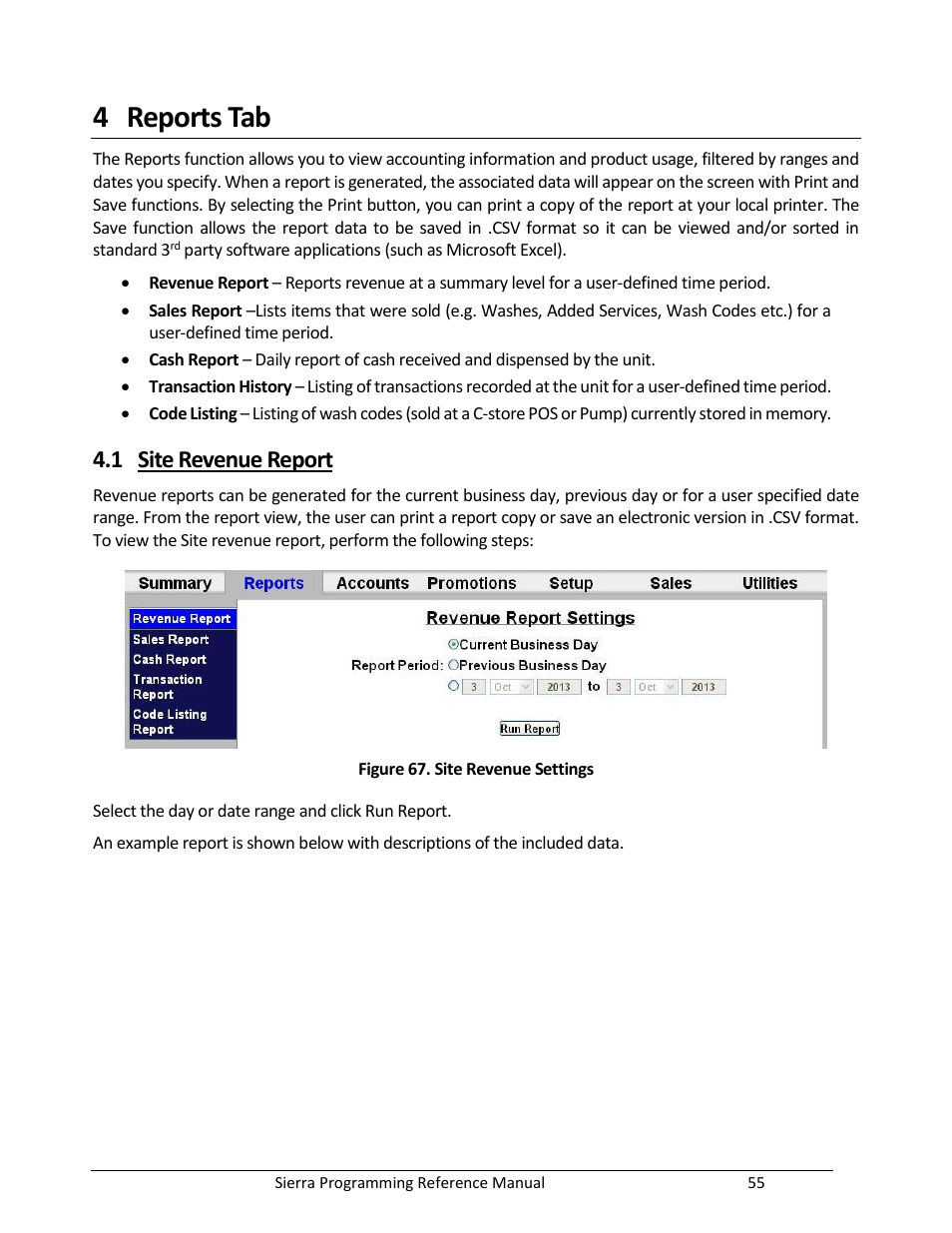 Reports tab, Site revenue report, Figure 67. site revenue settings | 4 reports tab, 1 site revenue report | Unitec Sierra Management System User Manual | Page 65 / 112