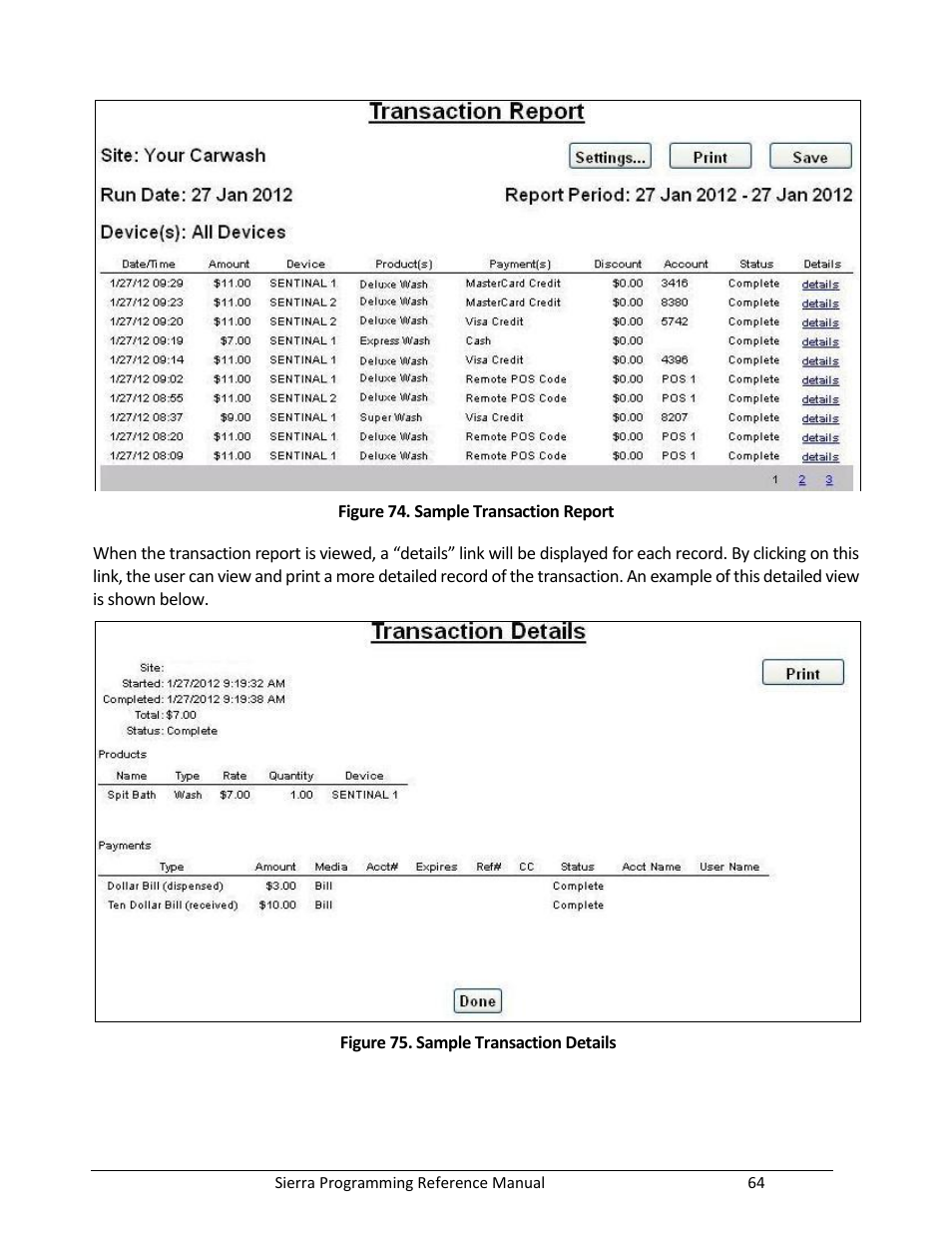 Figure 74. sample transaction report, Figure 75. sample transaction details | Unitec Sierra Management System User Manual | Page 74 / 112