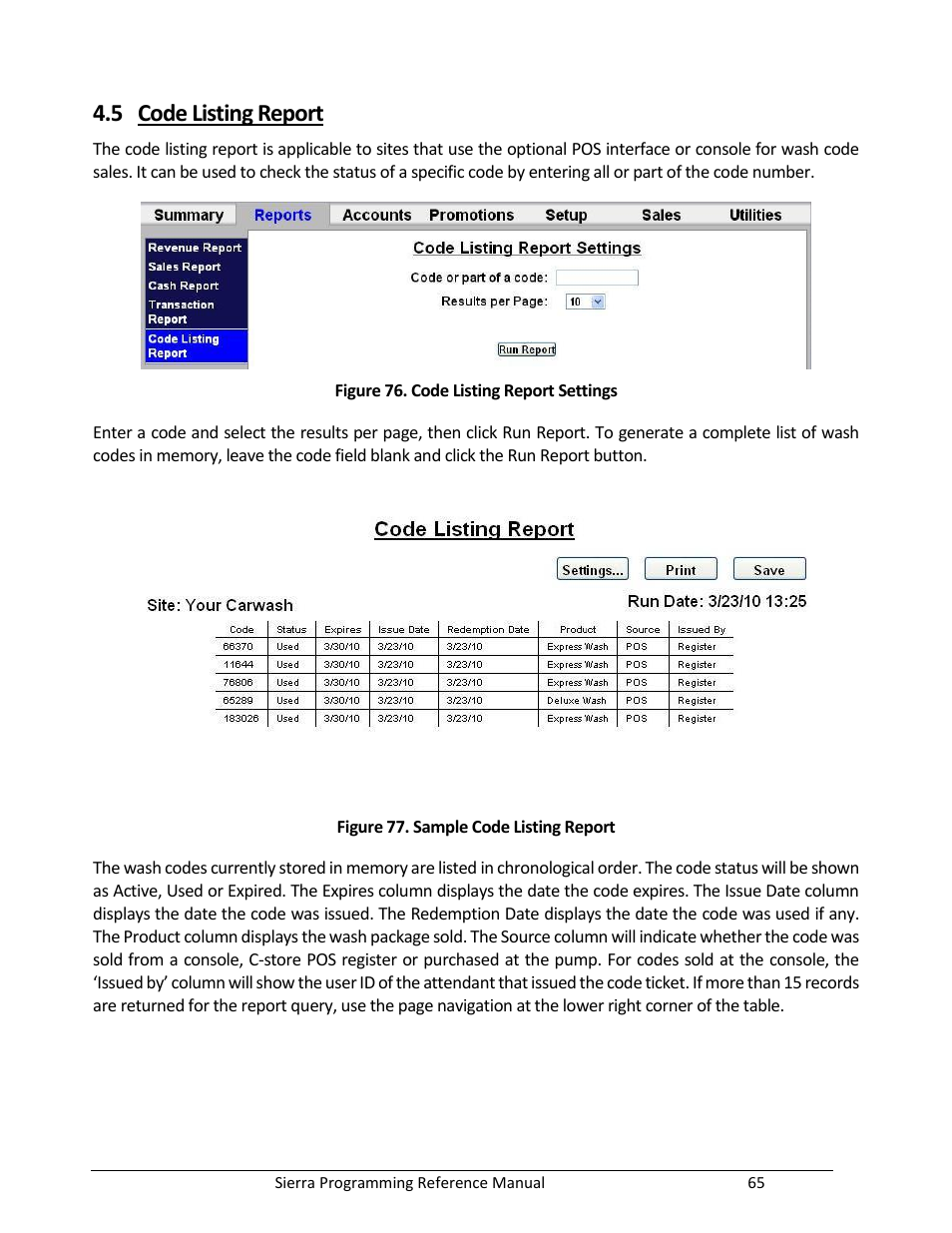 Code listing report, Figure 76. code listing report settings, Figure 77. sample code listing report | 5 code listing report | Unitec Sierra Management System User Manual | Page 75 / 112