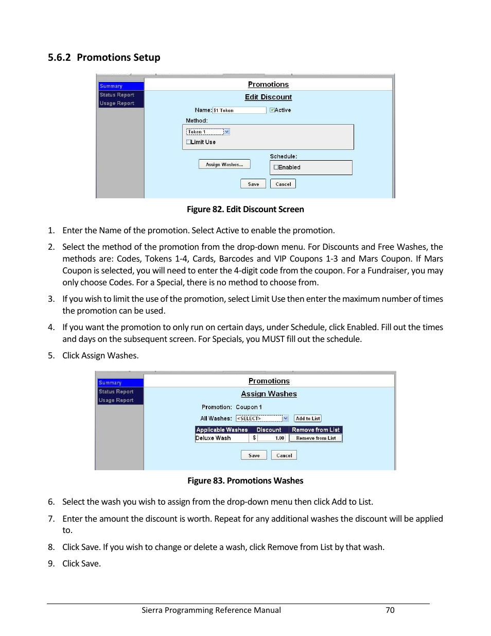 Promotions setup, Figure 82. edit discount screen, Figure 83. promotions washes | Unitec Sierra Management System User Manual | Page 80 / 112