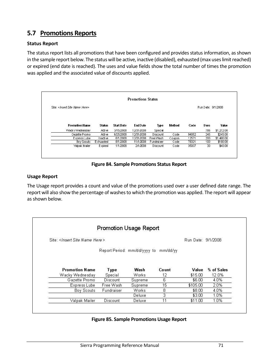 Promotions reports, Figure 84. sample promotions status report, Figure 85. sample promotions usage report | 7 promotions reports | Unitec Sierra Management System User Manual | Page 81 / 112