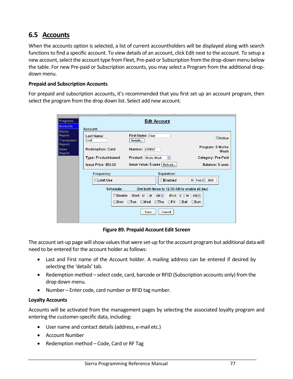 Accounts, Figure 89. prepaid account edit screen, 5 accounts | Unitec Sierra Management System User Manual | Page 87 / 112