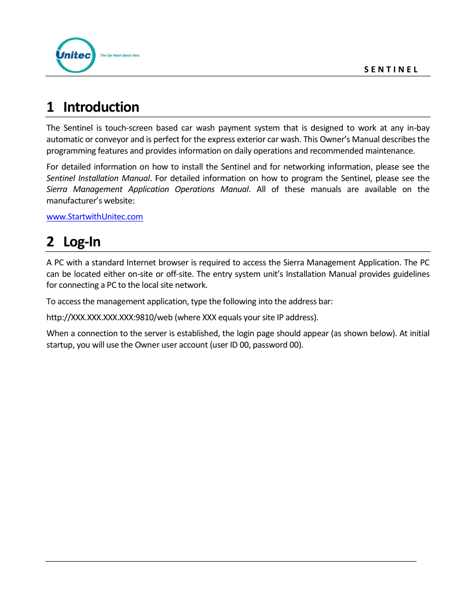 Introduction, Log-in, 1 introduction | 2 log-in | Unitec Sentine Owner’s Manual User Manual | Page 11 / 100