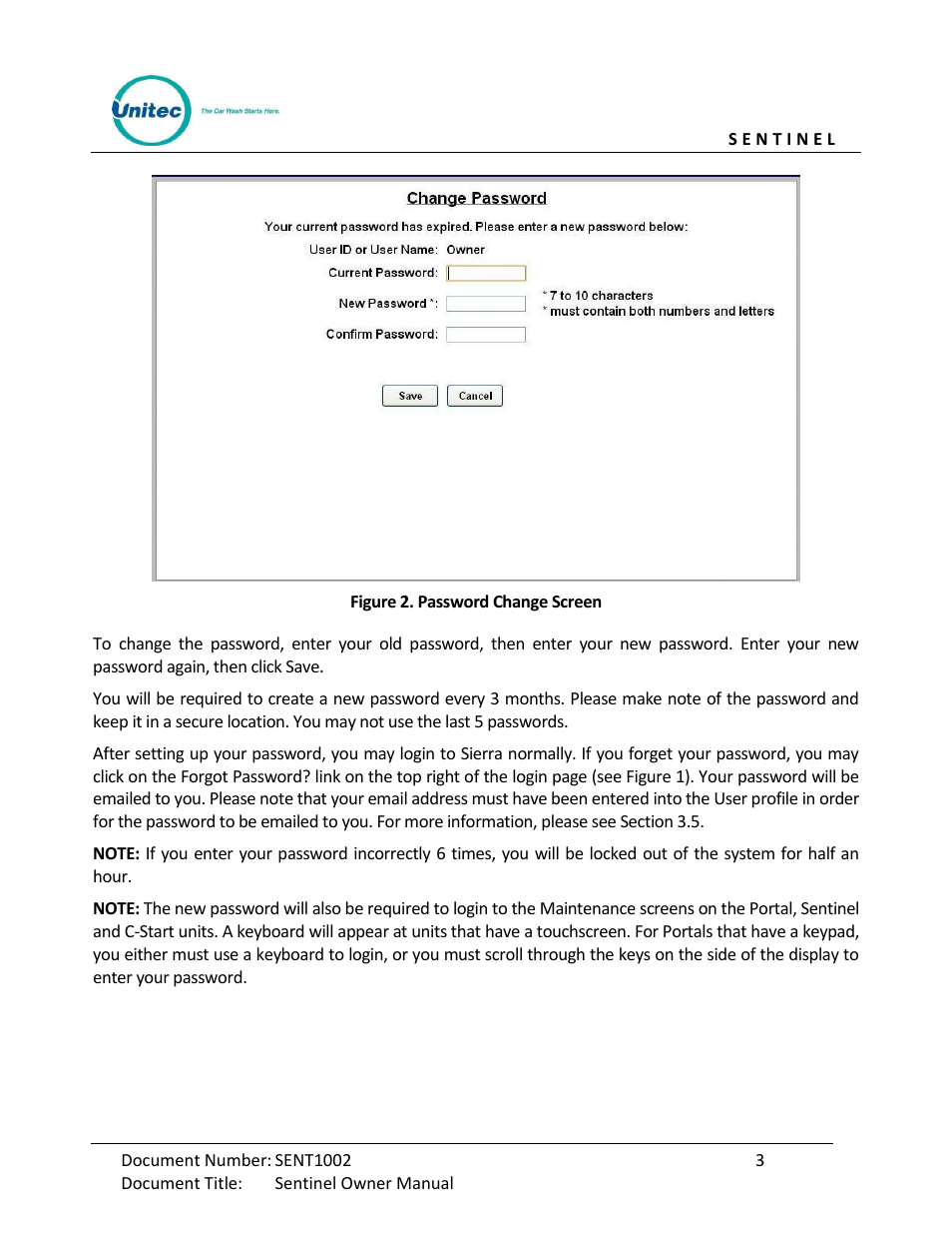 Figure 2. password change screen | Unitec Sentine Owner’s Manual User Manual | Page 13 / 100