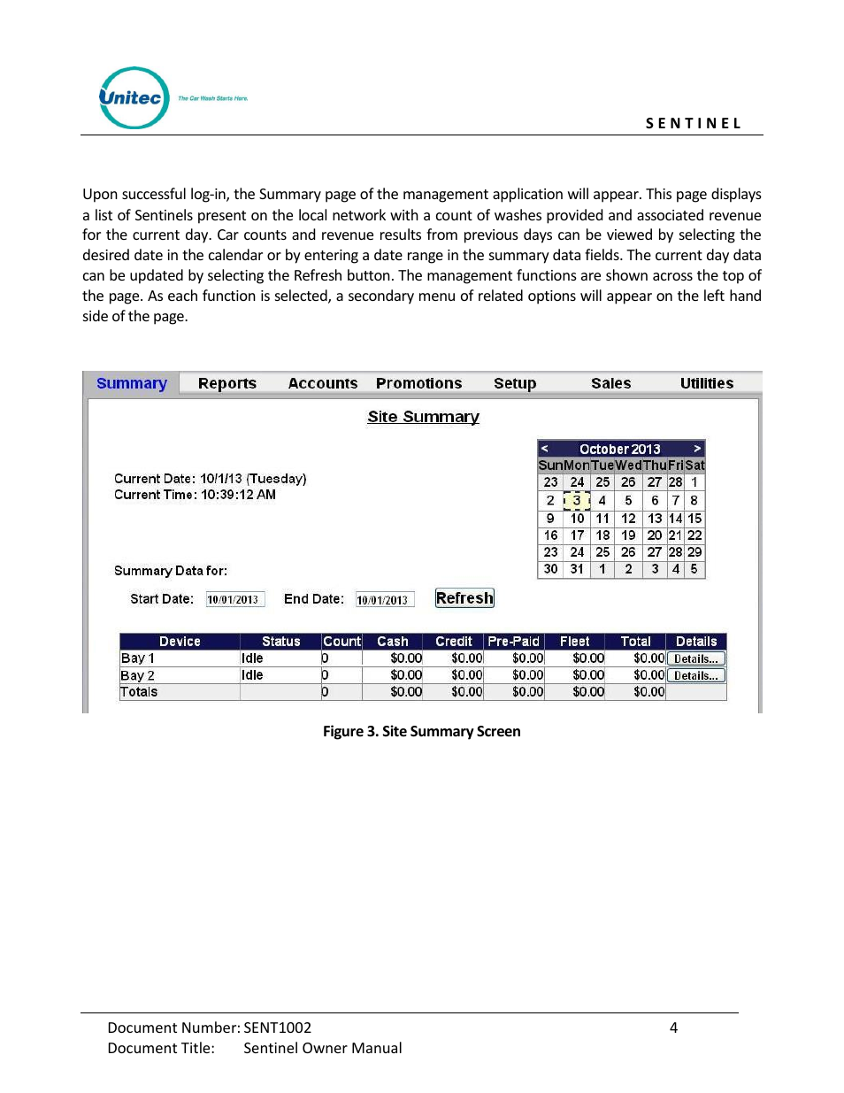 Figure 3. site summary screen | Unitec Sentine Owner’s Manual User Manual | Page 14 / 100