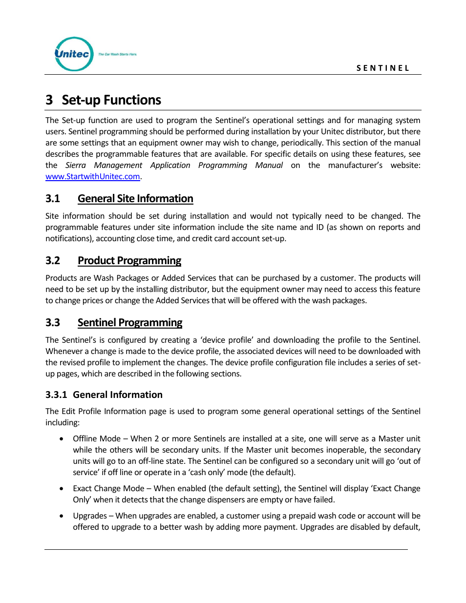 Set-up functions, General site information, Product programming | Sentinel programming, General information, 3 set-up functions, 1 general site information, 2 product programming, 3 sentinel programming | Unitec Sentine Owner’s Manual User Manual | Page 15 / 100