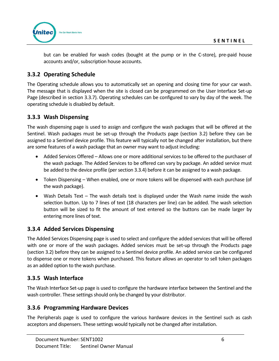 Operating schedule, Wash dispensing, Added services dispensing | Wash interface, Programming hardware devices | Unitec Sentine Owner’s Manual User Manual | Page 16 / 100