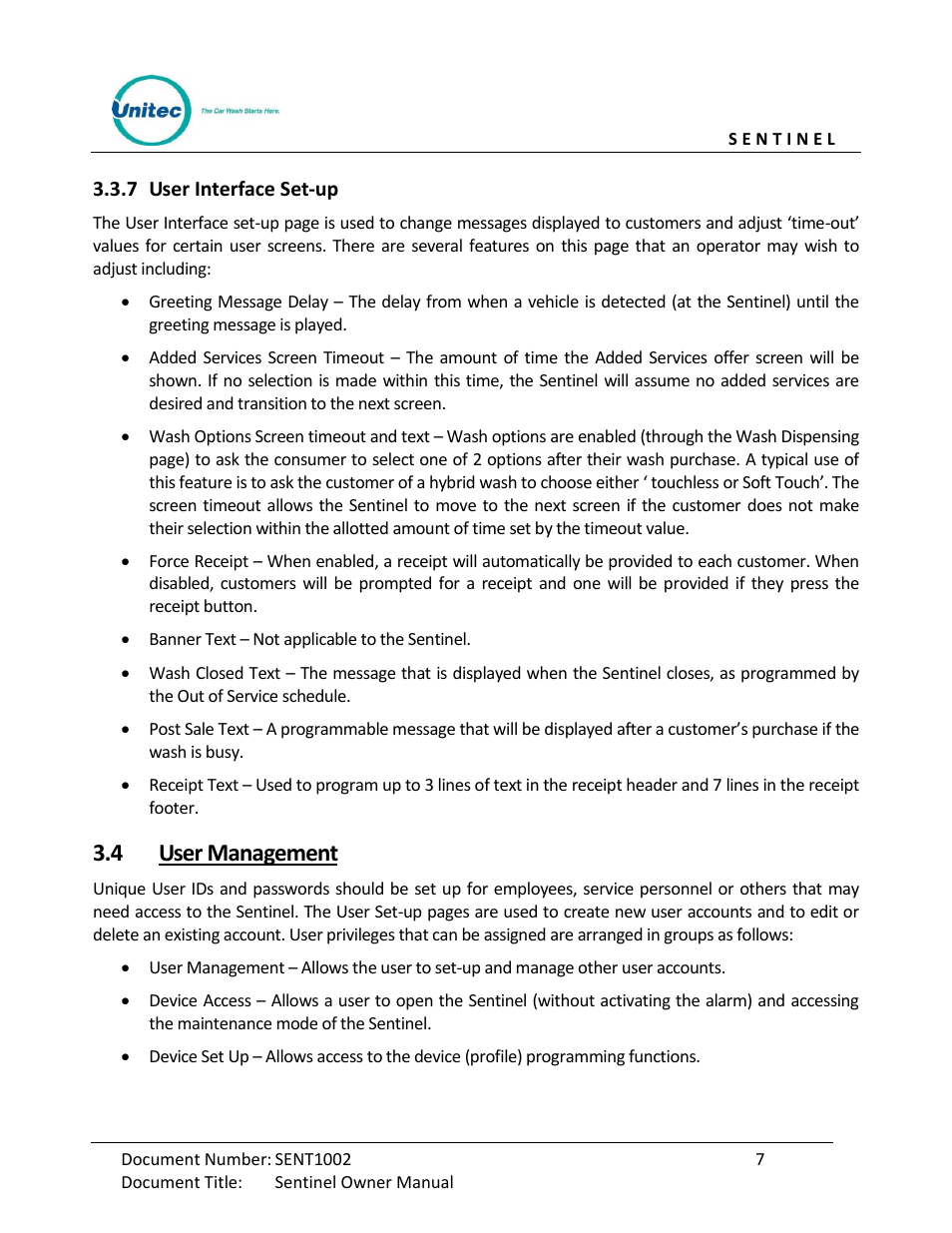 User interface set-up, User management, 4 user management | Unitec Sentine Owner’s Manual User Manual | Page 17 / 100