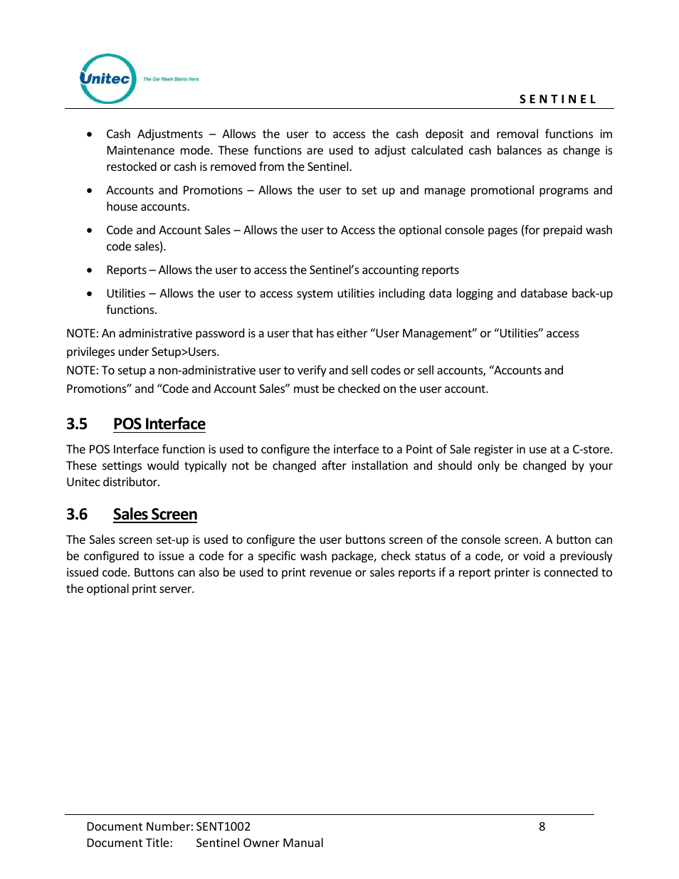 Pos interface, Sales screen, 5 pos interface | 6 sales screen | Unitec Sentine Owner’s Manual User Manual | Page 18 / 100