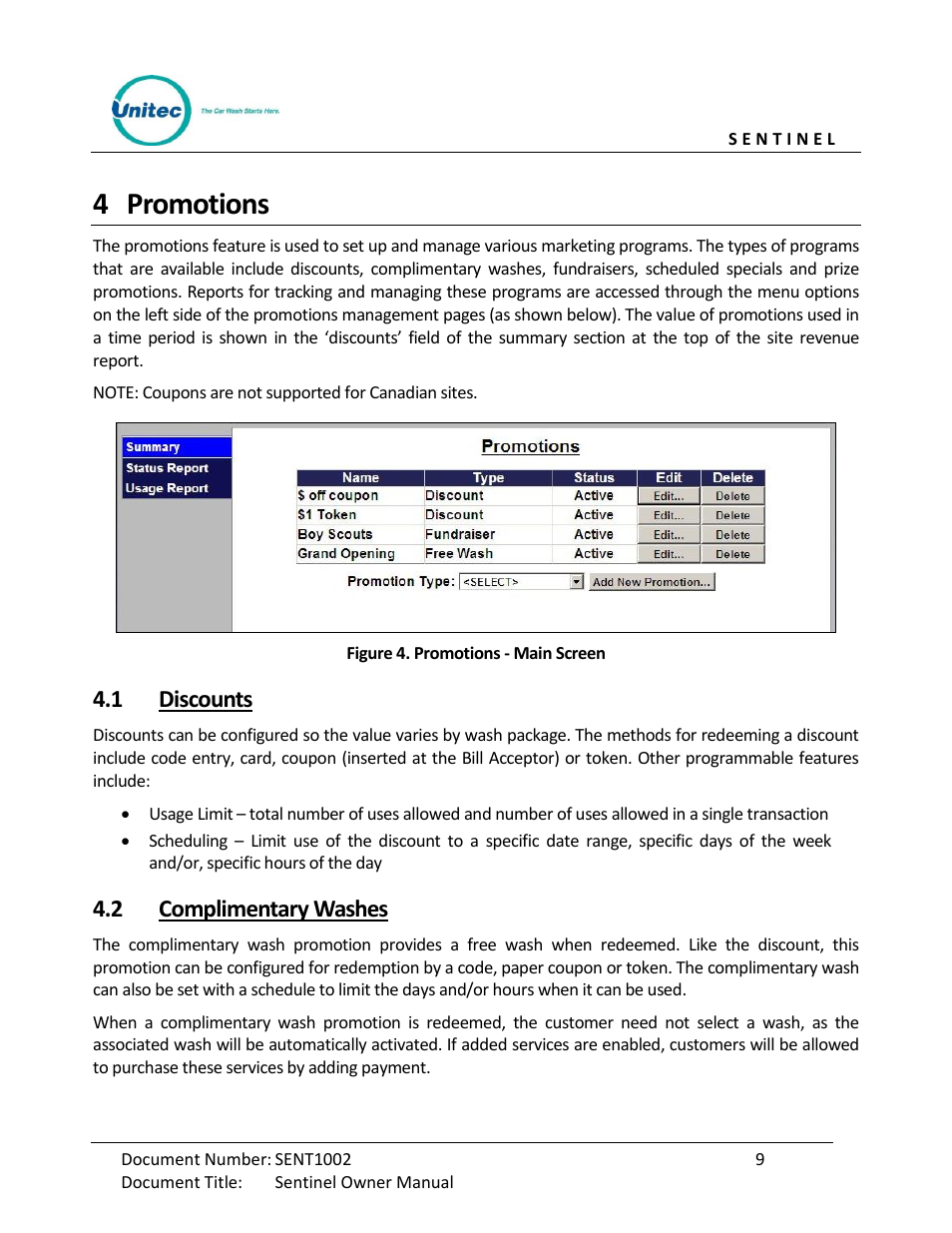 Promotions, Discounts, Complimentary washes | Figure 4. promotions - main screen, 4 promotions, 1 discounts, 2 complimentary washes | Unitec Sentine Owner’s Manual User Manual | Page 19 / 100