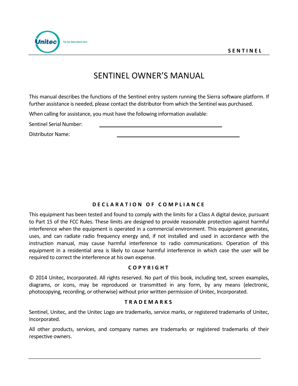 Sentinel owner’s manual | Unitec Sentine Owner’s Manual User Manual | Page 2 / 100