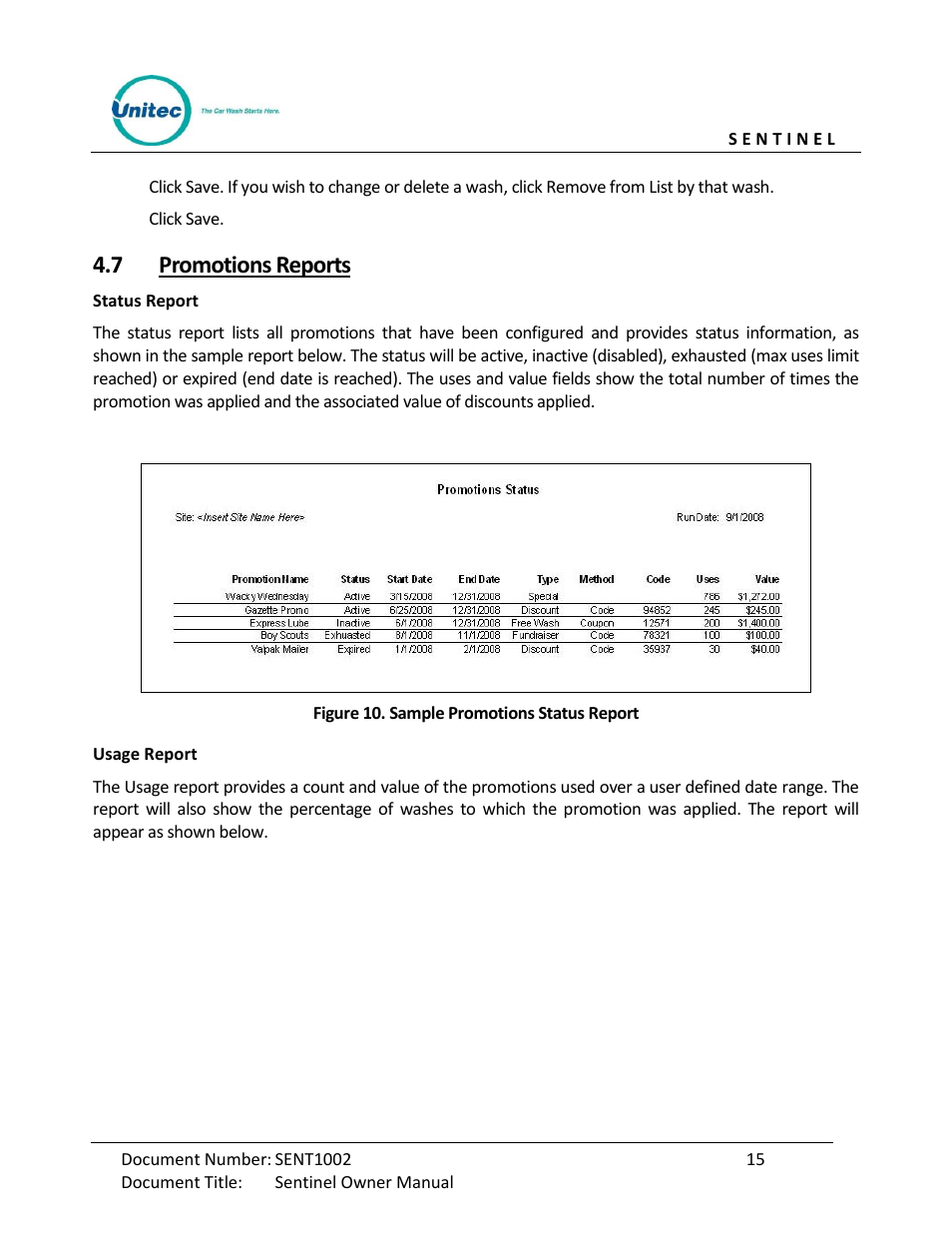 Promotions reports, Figure 10. sample promotions status report, 7 promotions reports | Unitec Sentine Owner’s Manual User Manual | Page 25 / 100