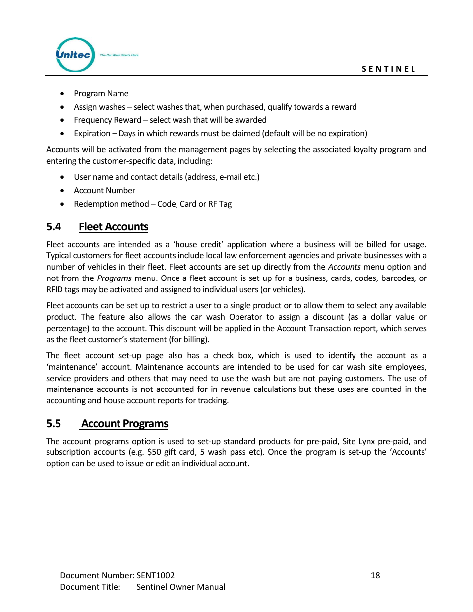 Fleet accounts, Account programs, 4 fleet accounts | 5 account programs | Unitec Sentine Owner’s Manual User Manual | Page 28 / 100