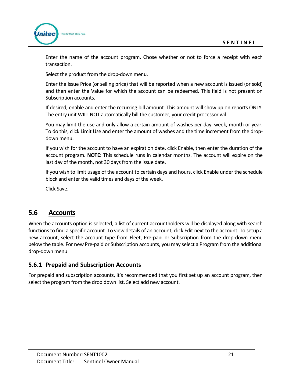 Accounts, Prepaid and subscription accounts, 6 accounts | Unitec Sentine Owner’s Manual User Manual | Page 31 / 100