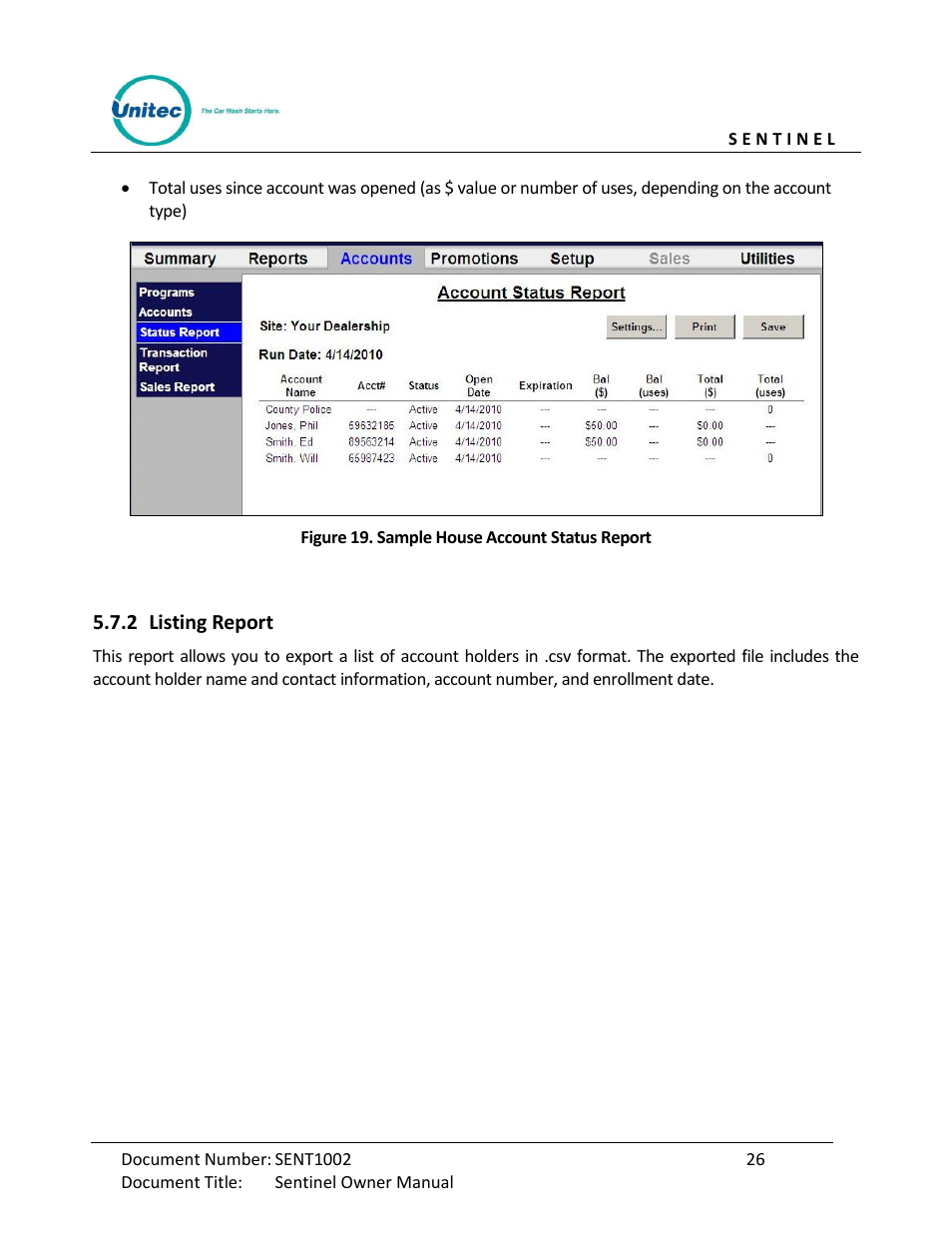 Listing report, Figure 19. sample house account status report | Unitec Sentine Owner’s Manual User Manual | Page 36 / 100