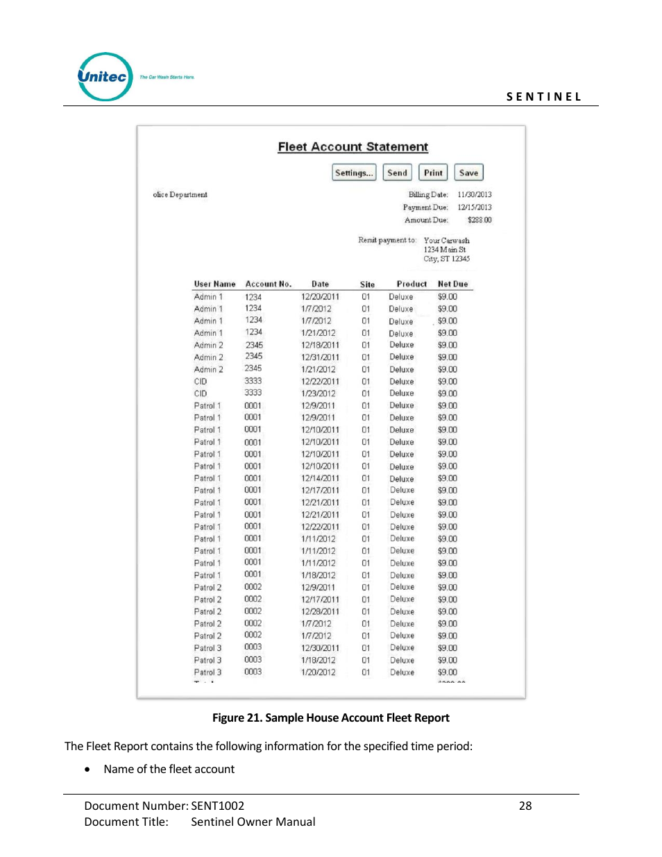 Figure 21. sample house account fleet report | Unitec Sentine Owner’s Manual User Manual | Page 38 / 100