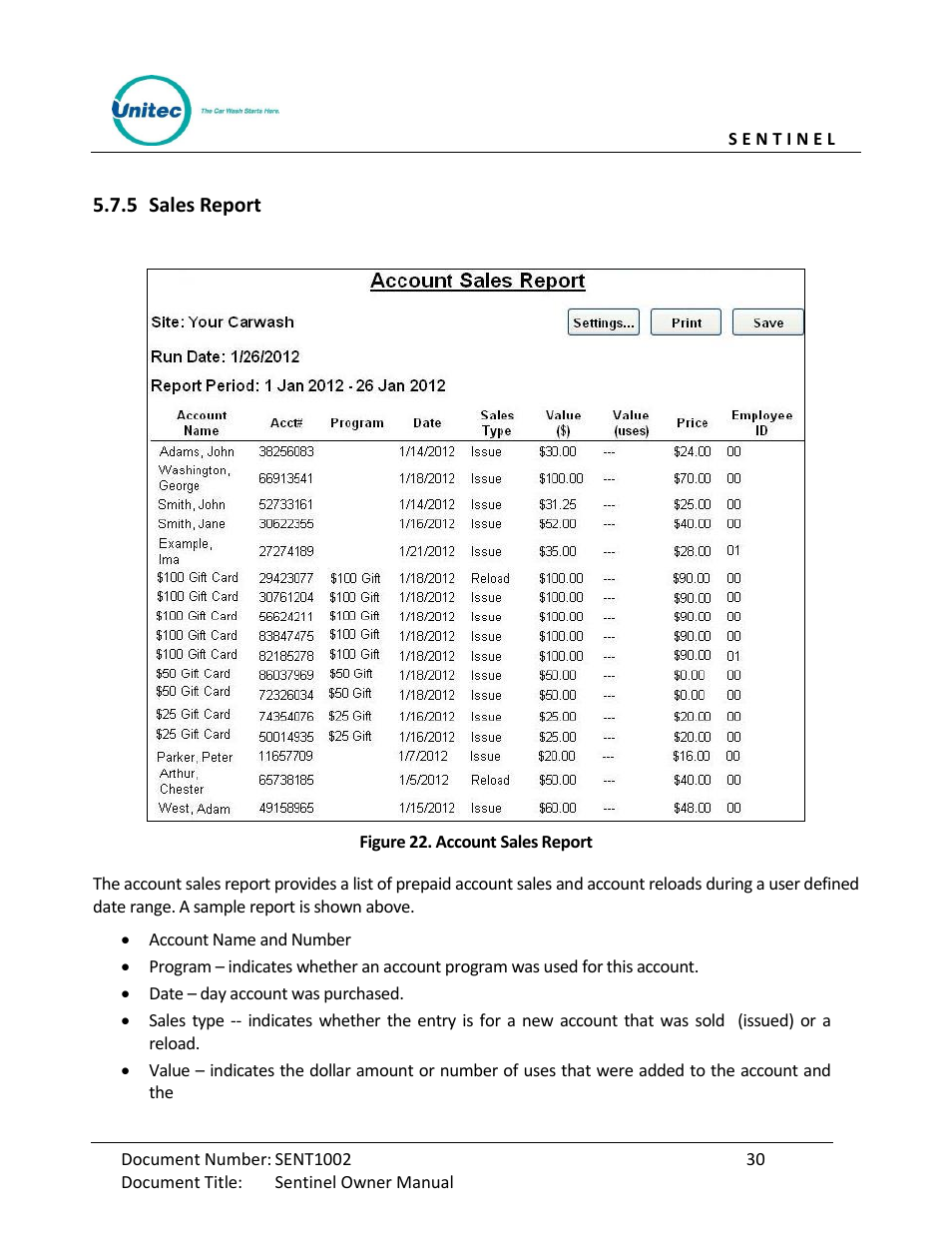 Sales report, Figure 96. account sales report | Unitec Sentine Owner’s Manual User Manual | Page 40 / 100